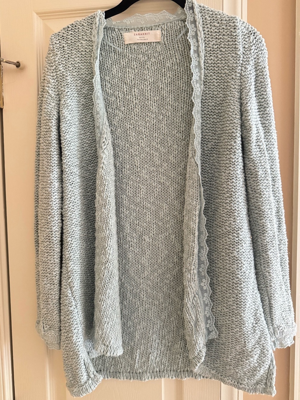 Zara Mint Color Lace-Trim Knit Open Cardigan. Size L.